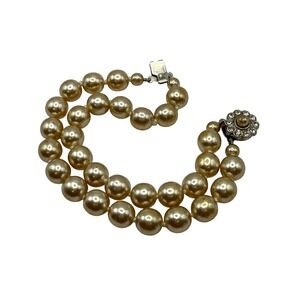 Vintage Double Strand Faux Pearl Rhinestone Clasp Bracelet Cream Bridal Wedding